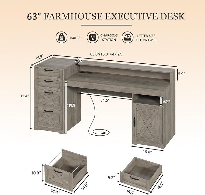 63" Farmhouse Computer Desk with 4 Drawers for Home Office, Bedroom | Executive Desk with Printer Shelf, Monitor Stand, Home Office Desks with Power Outlets, Storage Shelves, Grey