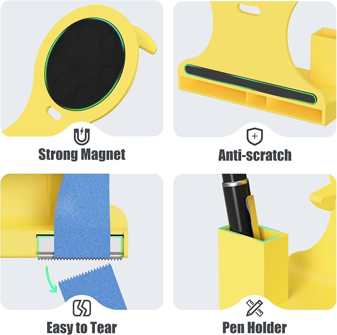 ForTidy Magnetic Masking Tape Holder, Painter's Tape Dispenser, Yellow | Removable Label System, Cutter Pen Holder, For Home Kitchen, Office, Fridge, Garbage, School (Tape and Pen Not Included)