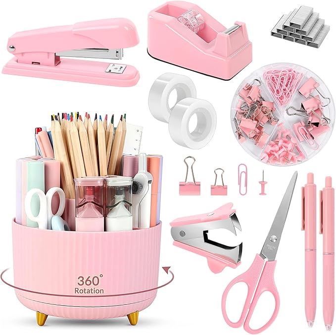 SKYDUE Pink Desk Accessories 11Pcs with Rotating Pen Holder for Desk | Included Stapler with Staples, Staple Remover, Tape Dispenser,2pcs Tape Refills, Binder Paper Clips Kit, Scissor, 2pcs Pens