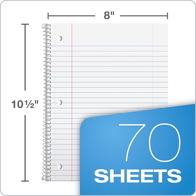 Oxford Spiral Notebooks, 6 Pack, 1 Subject, Wide Ruled Notebooks for School, 8 x 10.5 Inches, 70 Sheets, Assorted Pastel Colors, Back to School Supplies (63757) (Pack of 8)