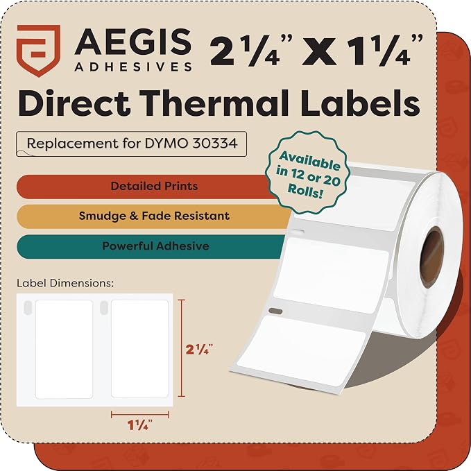Replacement for DYMO 30334 (20 Rolls, 20000 Labels) 2 1/4" X 1 1/4" | Direct Thermal UPC Barcode and SKU Labels - Compatible With LabelWriter 450, 450 Turbo, 4XL (NOT 550, 5XL) - Aegis Adhesives