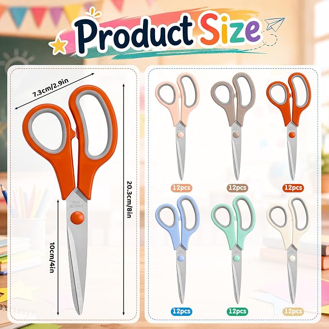 Chumia 72 Pack 8'' Scissors Bulk Multipurpose for Office Home, Morandi | Scissor All Purpose with OPP Bag Tip Cover, Stainless Steel, Sharp Heavy Duty Comfort-Grip Sewing Right/Left Hand