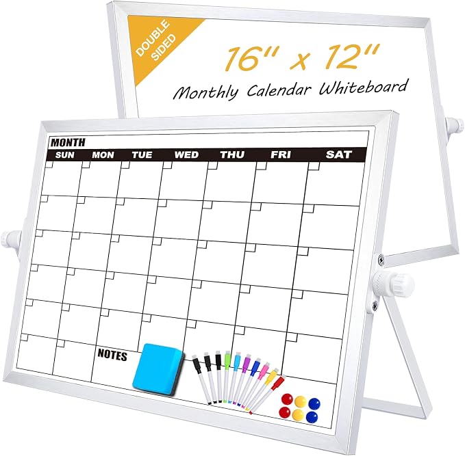 Calendar Whiteboard, Monthly Dry Erase Board, Small Desk White Board | 16x12 IN Desktop Double-sided Dry Erase Calendar Board with Stand for Office, Home, School, Magnetic Monthly Planner Board
