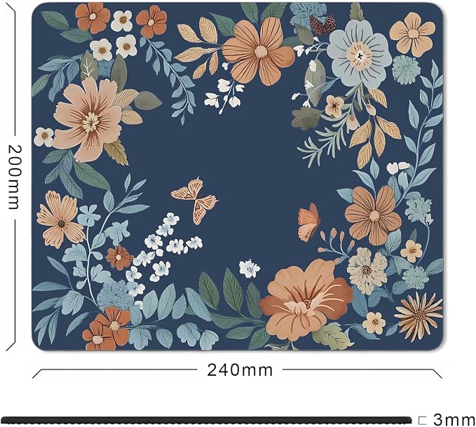 Cute Flowers Blue Mouse Pad Small, Boho Floral Mousepad for Women, Office, Gaming, Abstract Retro Vintage Colorful Square Computer Pad for Wireless Mouse, 9.5x7.9 inch