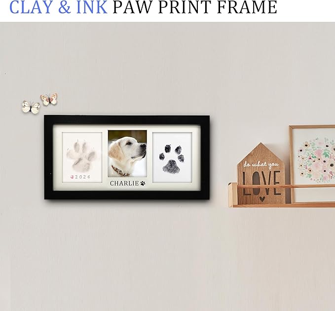 MYPAWLETS Paw Print Frame Kit,Dog/Cat Paw Print Kit,Soft Pawprint Clay&Clean Touch Ink Pad,Pet Paw Print Impression Kit with Customization Tool,Wooden Pet Memorial Frame,DIY Dog Lover Gifts-Black