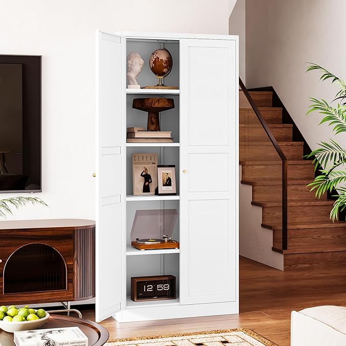 Letaya White Storage Cabinet with Adjustable Shelves-Metal Home Kitchen Pantry Cabinets with Doors,Organization Locker for Cupboard/Bedroom/Dining/Living/Bathroom/Office/Garage Room