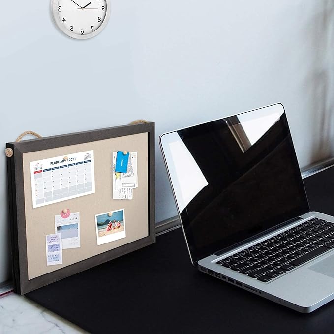 Miratino 2-Pack Cork Board with Linen 16x11 inch Bulletin Board Wall Decor Hanging Pin Wood Framed Display Bulletin Cork Picture Board Light for Room School Office Bedroom 20-Pushpin Vintage Black