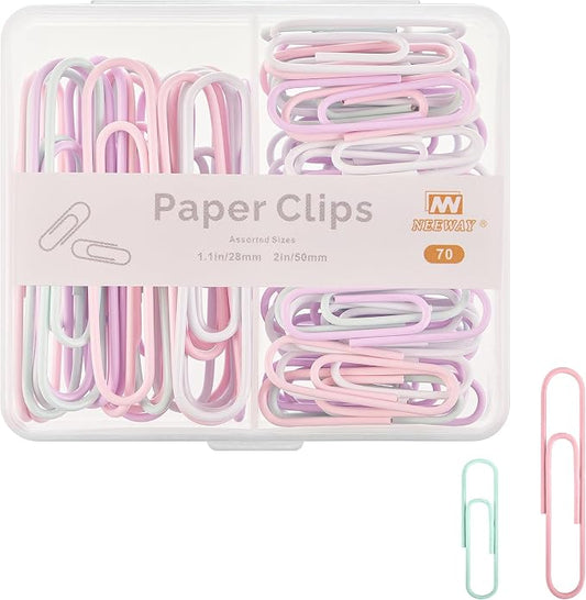 NEEWAY Colorful Paper Clips Assorted Sizes, Small and Large Paper Clips, 70 Count (Light Multicolor)