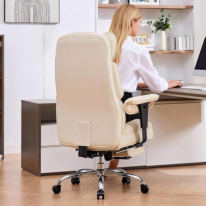 Efomao Executive Office Chair, Beige Fabric Big and Tall Desk Chair | Breathable fabric, pocket spring & foam seat, retractable footrest, 135° recline for computer gaming setup