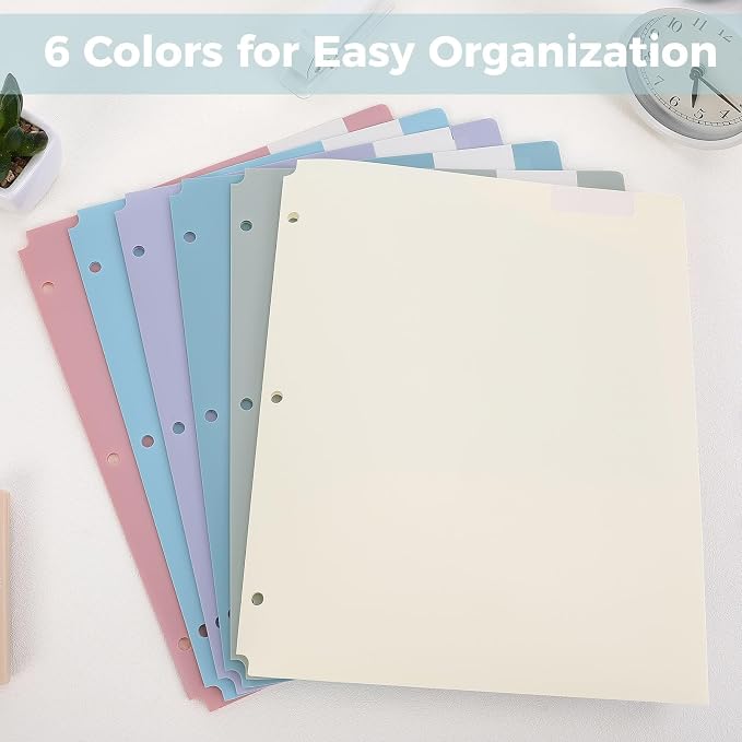 SKYDUE Plastic Folders with Pockets, 6 Pack File Folders with Tabs & Stay-Put Flaps, 3 Hole Punch 2 Pocket Folders for 3 Ring Binder, Letter Size Document Organizer for School Office, Boho Pastels