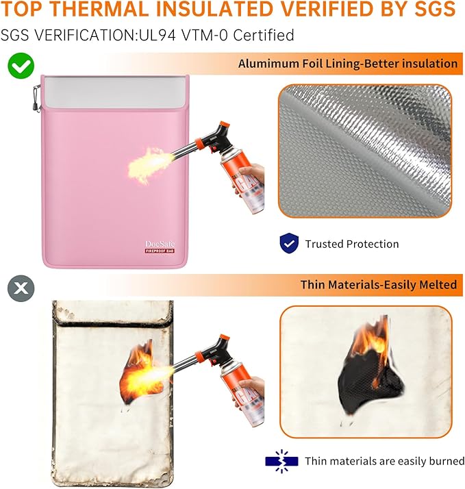 DocSafe Fireproof Document Bag (5200℉) with Fireproof Organizer Travel Case,Heat Insulated Fire＆Water Resistant 8 Layers Safe Money Bag Storage for Important Documents,Cash,Power Bank,Valuables,Pink