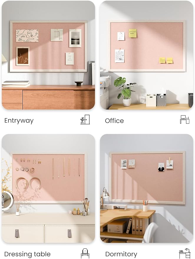 Fluxynara 35.4" x 23.6" Felt Frame Bulletin Board, Pink | Cork Board Alternative with 24 Removable Adhesive Tabs, Foldable Pin Board for Wall, Home, Office, Classroom & Dorm