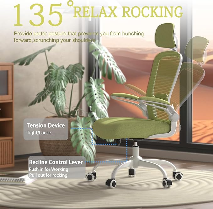 Mimoglad Office Chair, High Back Ergonomic Desk Chair with Adjustable Lumbar Support and Headrest, Swivel Task Chair with flip-up Armrests for Guitar Playing, 5 Years Warranty