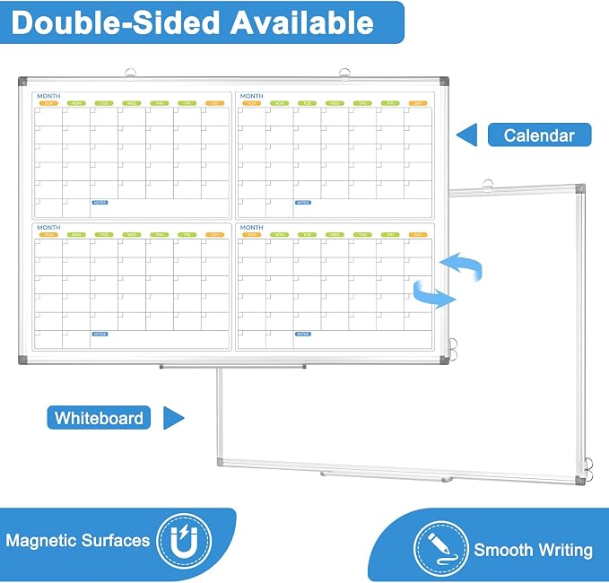 Dry Erase Calendar for Wall 4 Month, 36" x 24" Large White Board Calendar | Double-Sided Magnetic, Silver Aluminum Frame, Hang Wall Mount, Monthly Planner Board for Home Office School