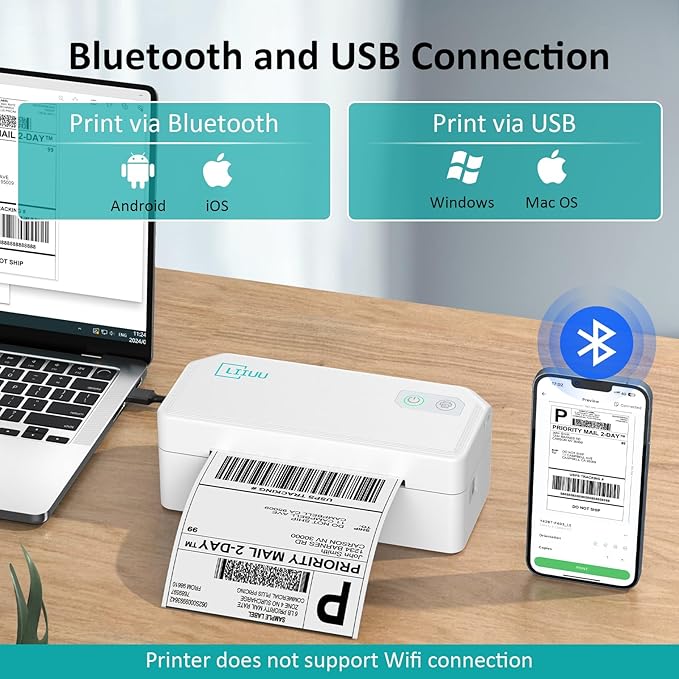 Thermal Shipping Label Printer, 4x6 Bluetooth Label Printer for Shipping Packages Small Business, Support iOS, Android, Mac, Windows, Chrome, Used for UPS, USPS, Ebay, Etsy, Amazon,White