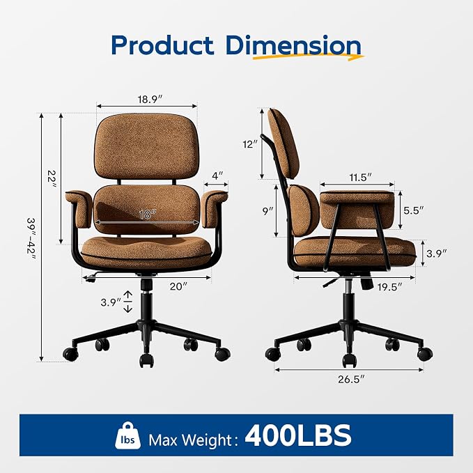 Brown Office Chair, Memory Foam Seat Mid Century Modern Desk Chair | 3.9" Sloped U-Shaped Memory Foam Cushion, Granular Linen Fabric, Lumbar Support, 1.2mm Sturdy Metal Tube, 400LBS Capacity