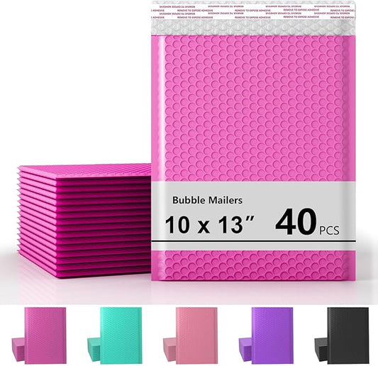 10 x 13 Inch Bubble Mailer 40 Pack, Waterproof Padded Envelopes with Strong Self-Seal Adhesive, Cushioning Shipping Bags with Bright Color for Small Business - Hot Pink