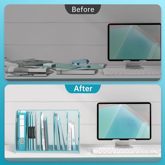 Binder Organizer, Magazine File Holder with 5 Vertical Rack, Blue | Metal Desk File Organizer & Binder Holders, Magazine Organizers for Office Desktop, Home, School, Classroom
