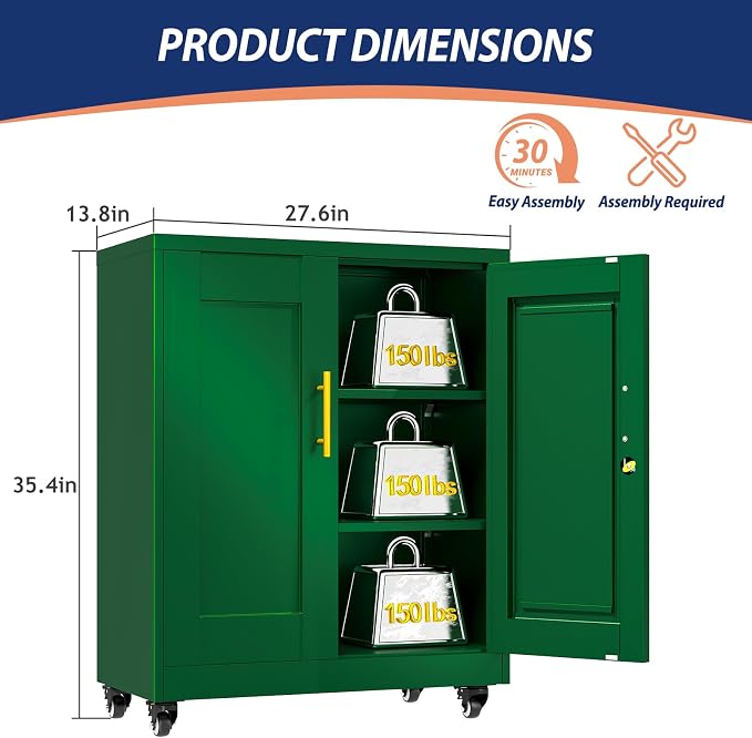 PAOFIN Metal Storage Cabinet-35” Tall Steel File Cabinets with Lockable Doors and Adjustable Shelves, Steel Tool Cabinet with Wheel for Home, School, Office, Garage Green