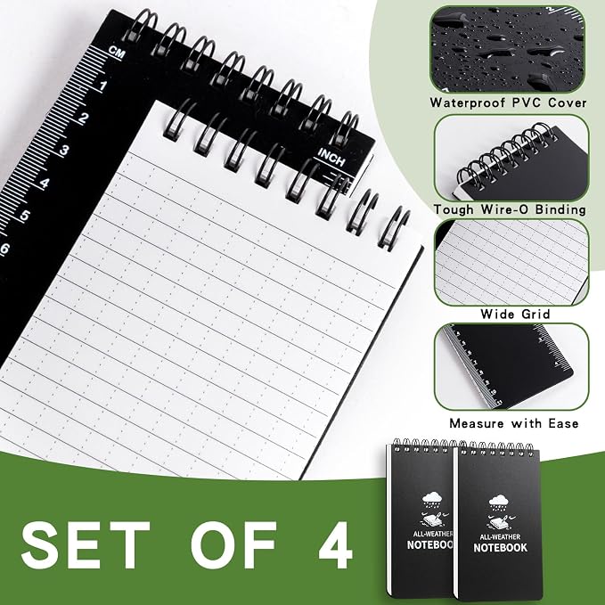 Waterproof Notebook, 4 Pack Pocket Notepad, 3" x 5 Top-Spiral NotePad Black | Weatherproof All Weather Police Pocket Notebook Mini Memo Steno Note Pads for Outdoor Office School Recording