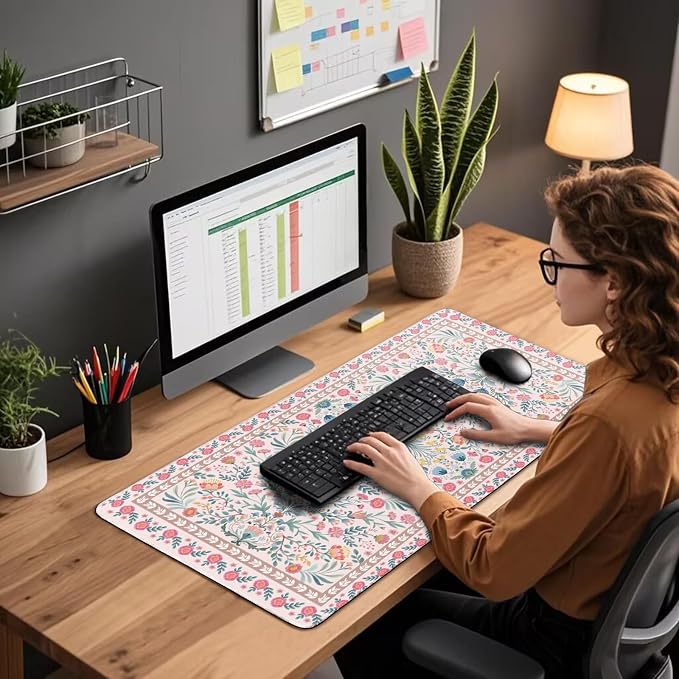 Pink Floral Large Gaming Mouse Pad Desk Mat 31.5"x15.7" | Extended Mousepad, Non-Slip Rubber Base , Stitched Edges, for Computer/Laptop/Office/Home