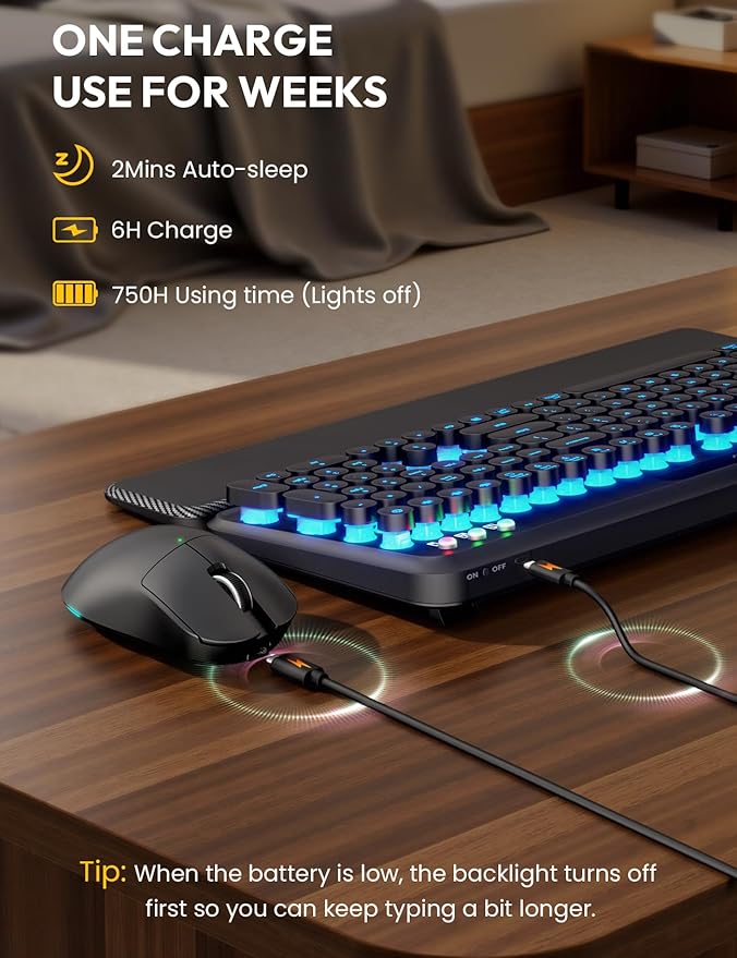 Wireless Keyboard and Mouse, Backlit Typewriter with Magnetic Wrist Rest | Phone Holder, Light Up Round Keycaps, Lighting Mouse, 2.4GHz Cordless Set for Mac, Windows, PC, Laptop, SABLUTE