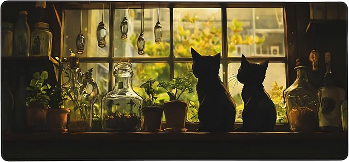 Cute Anime Black Cat Gaming Mouse Pad, Forest Green Warm Healing Desk Mat with Anti-Slip Base & Stitched Edges, Office Supplies & Desk Decor for Women, 35.4" x 15.7" in Home Office Essentials