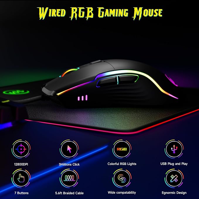memzuoix Wired Gaming Mouse with RGB - 6 Adjustable DPI up to 12800, 6 Buttons, 12 Lighting Modes, Ergonomic Design with Anti-Slip Rubber Wheel, 5.6ft Braided Cable for PC/Mac/Windows - Black