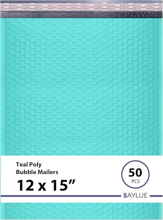 Teal Large Poly Bubble Mailers 12x15 inch | Self Seal Padded Envelopes Cushioned Bubble Mailer | Usable Size 12x15 | WaterProof | Lightweight mailing Shipping Bags | 50 Pack Bulk