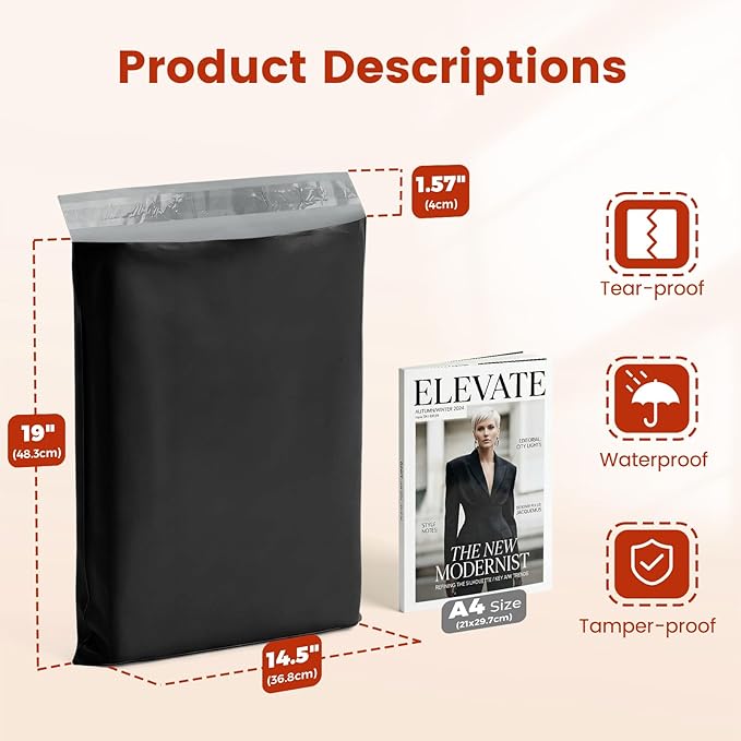 Metronic Poly Mailers 14x19 1000 Pack, Heavy Duty Shipping Bags Bulk Self Seal Waterproof Tear Resistant Large Mailing Envelopes, Packaging bags for Small Business, Boutique, Clothing, Black