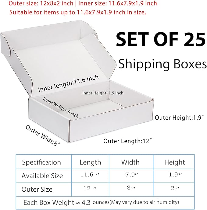 Small Shipping Boxes 12x8x2 Inch (25 Pack) - Sturdy White Corrugated Cardboard Boxes for Small Business, Ecommerce, Mailing & Packaging | Recyclable Gift & Storage Boxes