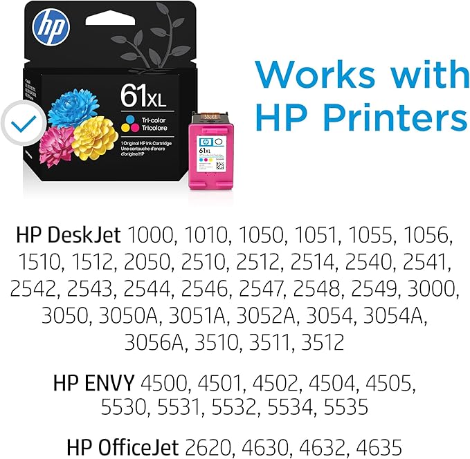 HP 61XL Tri-Color High-Yield Ink | Works with DeskJet 1000,1510,2050,2510,2540,3000,3050,3510; Envy 4500,5530; OfficeJet 2620,4630 | Instant Ink Eligible-| CH564WN-| Packaging May Vary,(Pack of 2)