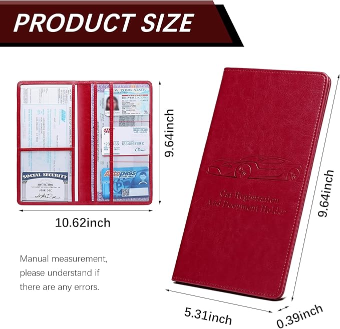Car Registration and Insurance Card Holder for Women Men, Red Glove Box Paperwork Organizer with Magnetic Buckle for Easy Access and Protect Documents and Various Cards in Vehicle