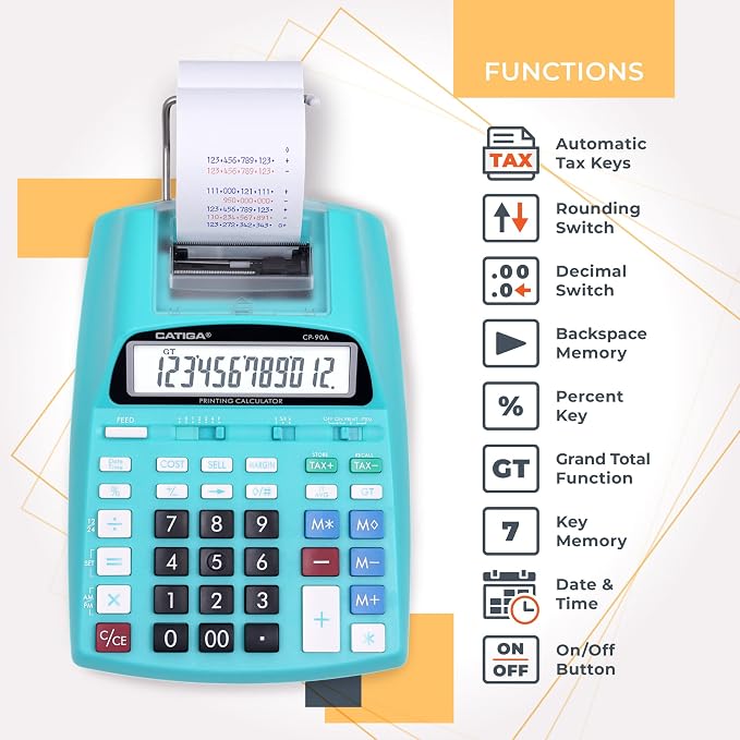 CATIGA Printing Calculator with Tape Print Out - 10 Key Adding Machine with Paper Roll, Desktop Electric Calculator for Accounting, Business, Finance, Home Office Use CP90A