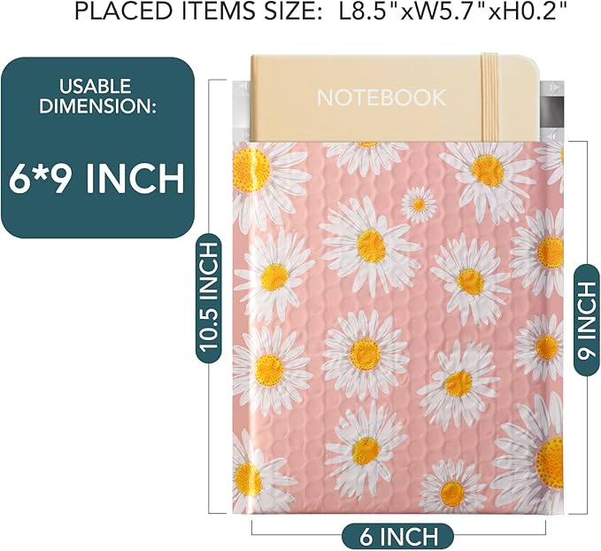 Metronic Bubble Mailers 6x10 Inch 100 Pack Pink Bubble Mailer Usable Size 6x9 Self-Seal Adhesion Padded Envelopes Pretty Padded Mailers for Jewelry, Makeup, Cards, Fancy Daisies