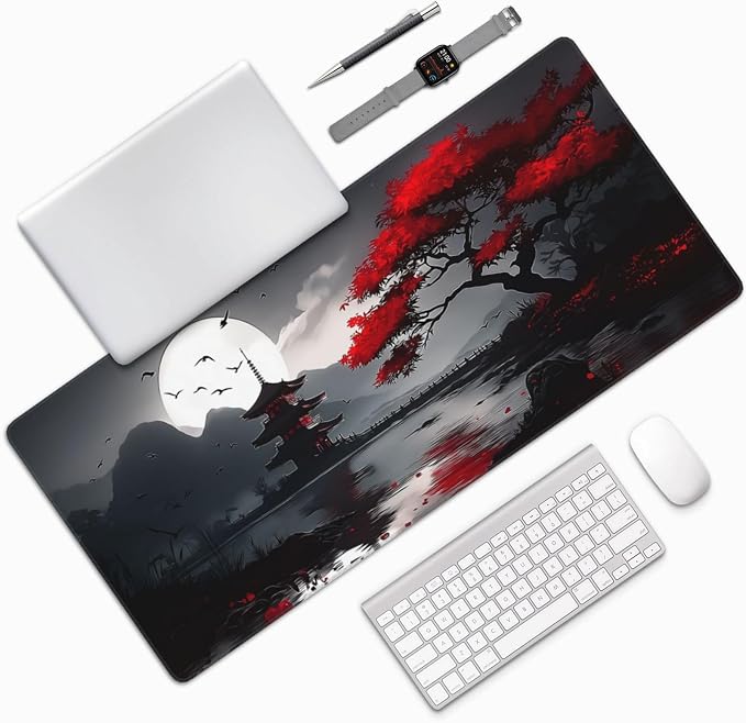 XXL Gaming Mouse Pad 35.4x15.7 Inch, Large Extended Desk Mat | Oriental Landscape Moon Design, Non-Slip Rubber Base, Water-Resistant Surface and Stitched Edges for Gaming, Office & Home