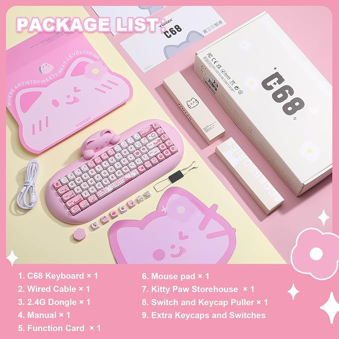 YUNZII C68 Silicone Cute Cat Mechanical Keyboard (Pink, Milk Switch) | Wireless Triple Mode BT5.0/2.4G/Wired, RGB Backlit NKRO, Cute Cat Silicone Ergonomic Design for Win/Mac