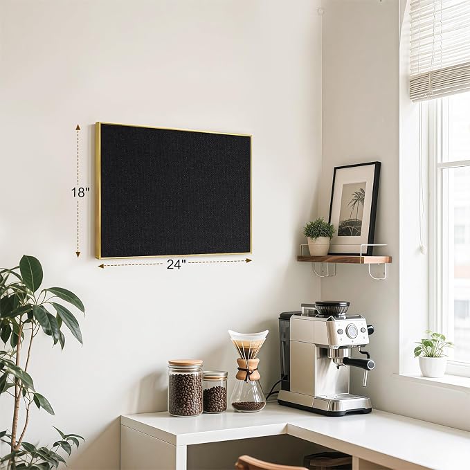 Linen Bulletin Board, 24"x18" Decorative Fabric Pin Board Vision Board | Gold Aluminum Frame, Upgraded Black Canvas Surface, Wall Mounted, for Home Office Bedroom Dorm Wall Decor