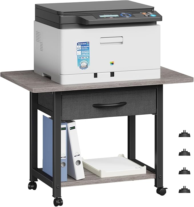 YAOHUOO 22"x15" Large Printer Stand with Drawer, 2-Tier Rolling Table Cart | Under Desk Printer Table,Storage Fabric Drawer,Fit printer/fax/3d/scanner,4 Lock Wheels or Feet,For Home Office Dorms,Gray
