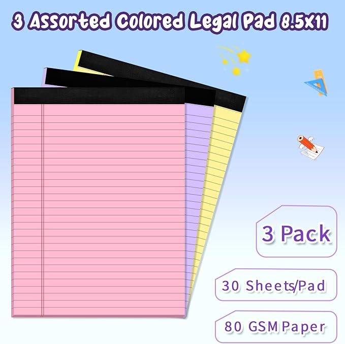 3 pcs Legal Pads 8.5 x 11 Note Pads, Colored Legal Notepads 8.5 x 11, Notebook Wide Ruled Paper, Micro Perforated Writing Pads, Lined Paper Pads, Pad of Paper for Office Home School, 30 Sheets/Pack