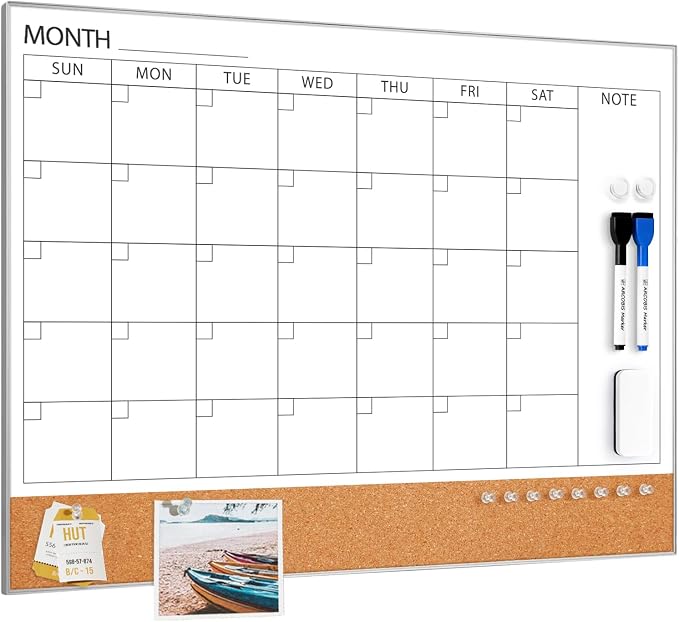 Dry Erase Calendar with Cork Board for Wall | 24"x 18" Magnetic Calendar Whiteboard with Silver Frame, Monthly Combination Board for School, Home, Office