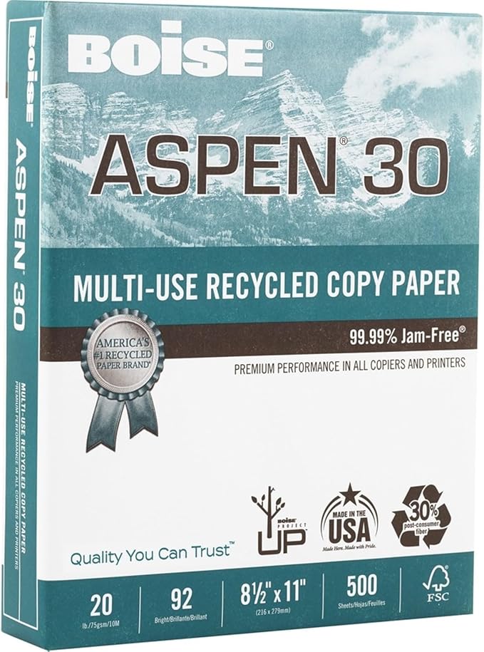 Boise ASPEN 30 Multi-Use Printer & Copy Paper, 10 Reams, White, Letter Size, 5000 Sheets Per Case- 054901-CTN