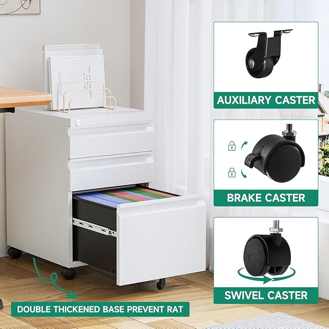 3 Drawer Mobile File Cabinet with Lock, Under Desk Metal Rolling Filing Cabinets for Home Office Organizer Letters/Legal/A4 (White- Requires Installation) (White)