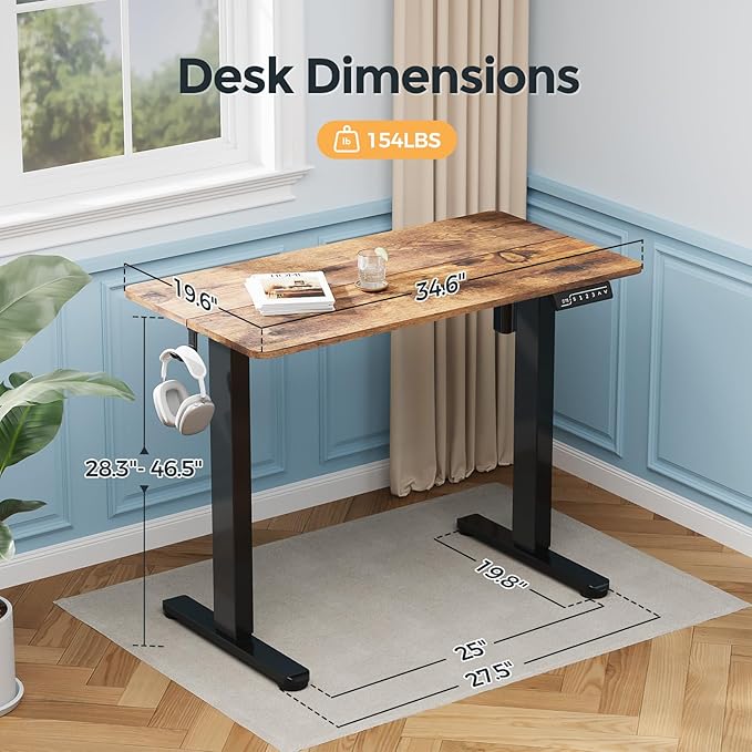 Small Standing Desk, 35" ×20" Electric Standing Table, Height Adjustable Compact Sit Stand Workstation with Splice Board, Home Office Desk with 2 Hooks, Rustic Brown