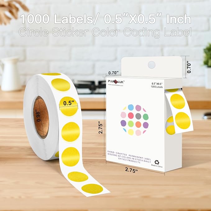 PARLAIM 1/2 Inch Circle Sticker Labels,1000 Stickers Round Color Coding Circle Dots Stickers,Roll Dot Stickers Label for Office Home Office (Gold)