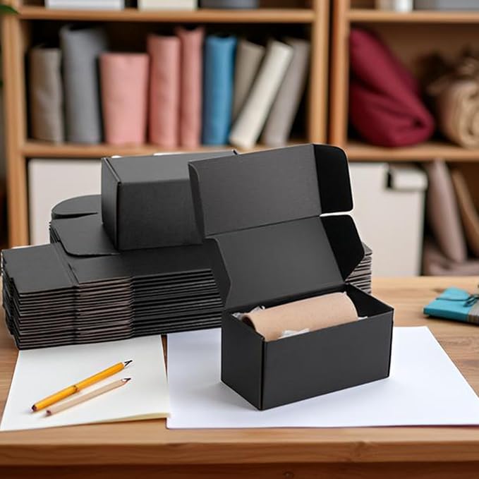 8x4x4 inch Black Shipping Boxes for Small Business- Set of 25 | Sturdy ECT 32 Corrugated Cardboard Mailer Boxes, Easy Assemble for Packaging, Mailing, Gift