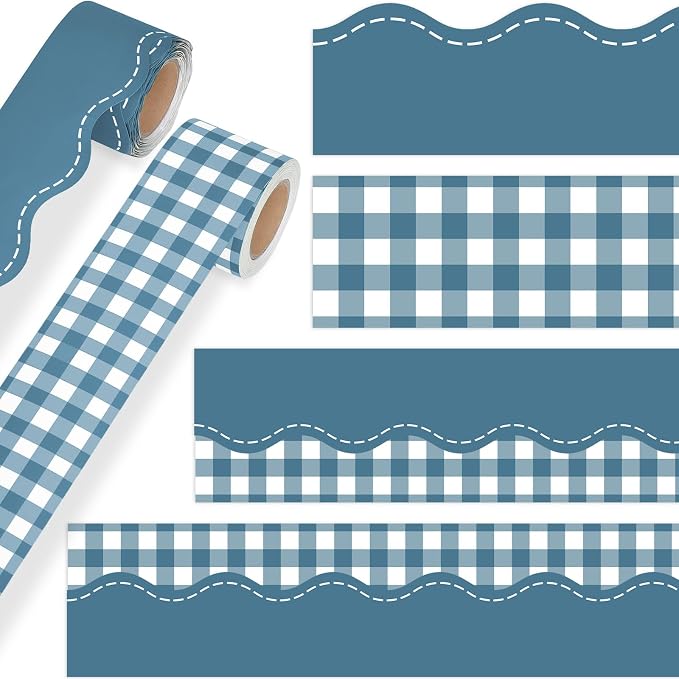 2 Rolls 65.6ft Dusty Blue Gingham Bulletin Board Borders Decoration Blue Checkered and Straight Edge Bulletin Borders Board Trim for Office School Classroom Chalkboard Party Decoration