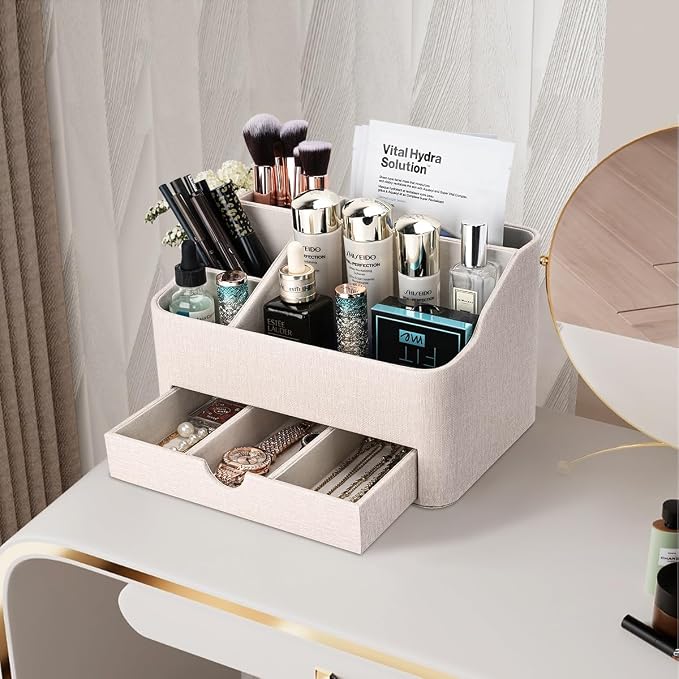 PU Leather Desk Organizer with Drawer, 5 Compartments Desktop Storage Caddy for Office & Home Supplies, Pen Holder for Remote Control, Phone & Accessories, Mail Organizer Countertop(Beige)