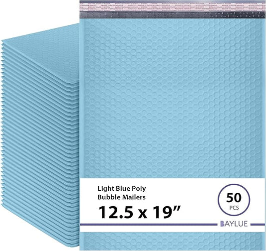 Light Blue 12.5x19.5 Inch Large Poly Bubble Mailers #6 | Padded Envelopes with Self Seal | Air Lined Cushioned Bubble Mailer | Usable Size 12.5x15 | 50 Pack Bulk | Lightweight shipping Bags