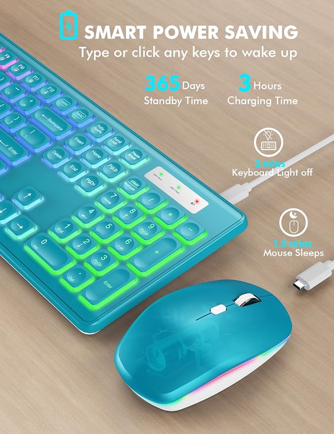 Wireless Keyboard and Mouse Combo with RGB Backlit, Rechargeable | Light Up Letters, Full-Size, Soft Typing, Sleep Mode, 2.4GHz Quiet Keyboard Set for Mac, Windows, Laptop, PC, Trueque KM42Pro